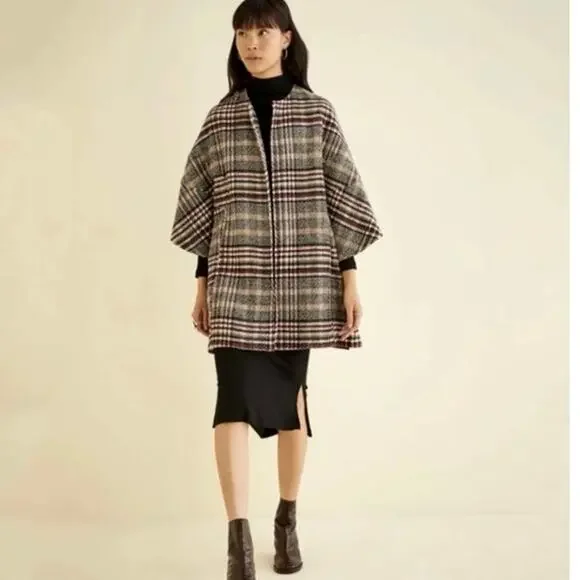 Eva Franco Plaid Wool Blend Kimono Coat Wrap Jacket XS/S Oversized - Picture 2 of 6